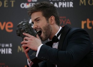 Musician Alboran, who won the Best Original Song, poses with his trophy during the Spanish Film Academy's Goya Awards ceremony in Madrid